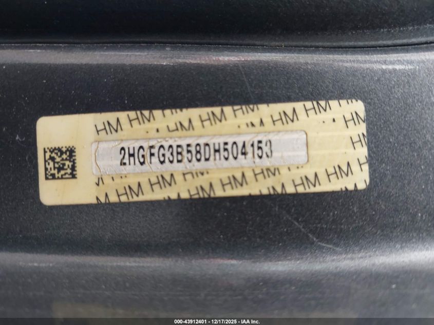 2013 Honda Civic Lx VIN: 2HGFG3B58DH504153 Lot: 43912401