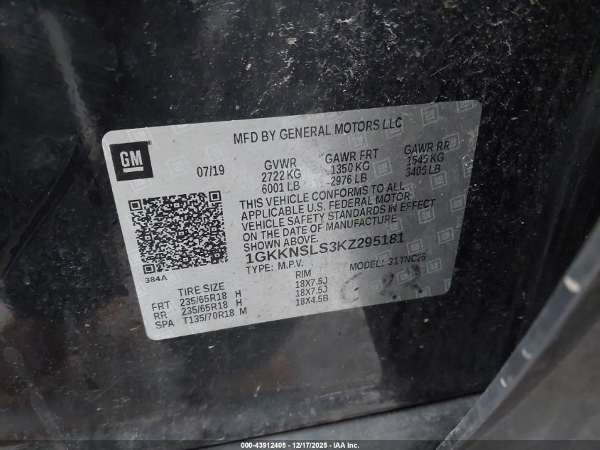 2019 GMC Acadia Sle-2 VIN: 1GKKNSLS3KZ295181 Lot: 43912405