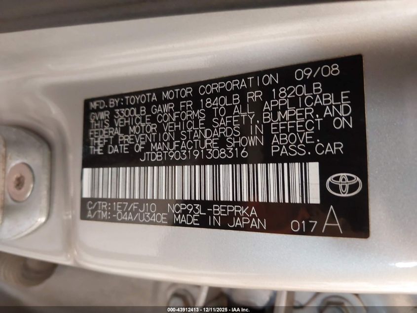 2009 Toyota Yaris VIN: JTDBT903191308316 Lot: 43912413