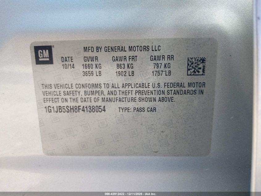 2015 Chevrolet Sonic Ls Manual VIN: 1G1JB5SH8F4138054 Lot: 43912422