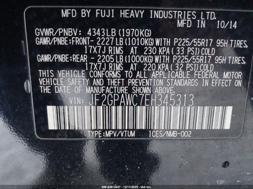 2014 Subaru Xv Crosstrek 2.0I Premium VIN: JF2GPAWC7EH345313 Lot: 43912427