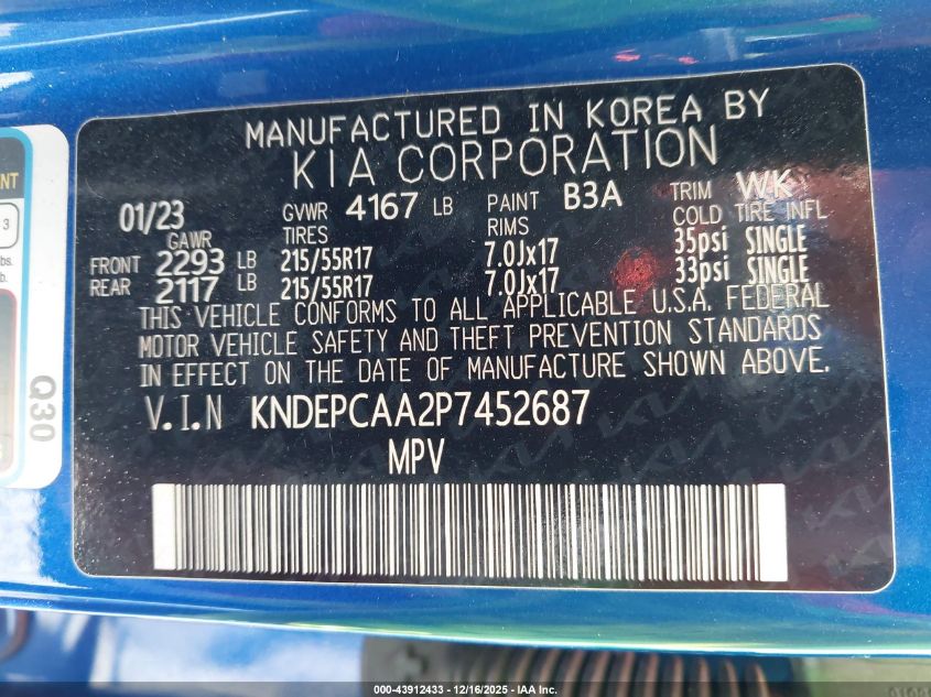 2023 Kia Seltos Lx VIN: KNDEPCAA2P7452687 Lot: 43912433