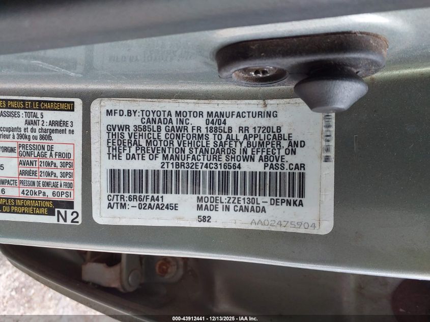 2004 Toyota Corolla Le VIN: 2T1BR32E74C316564 Lot: 43912441