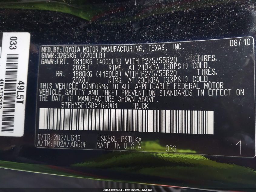 2011 Toyota Tundra Limited 5.7L V8 VIN: 5TFHY5F15BX162001 Lot: 43912454