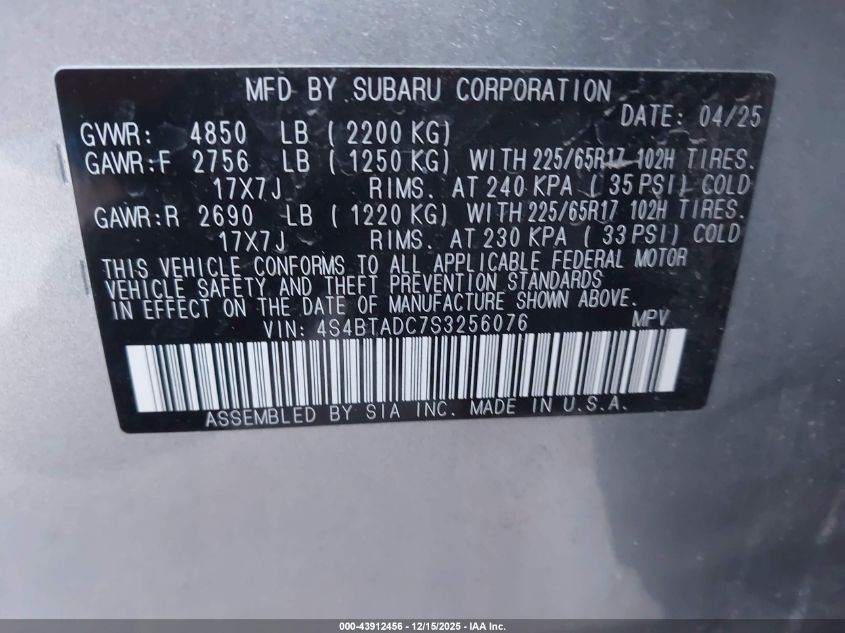 2025 Subaru Outback Premium VIN: 4S4BTADC7S3256076 Lot: 43912456