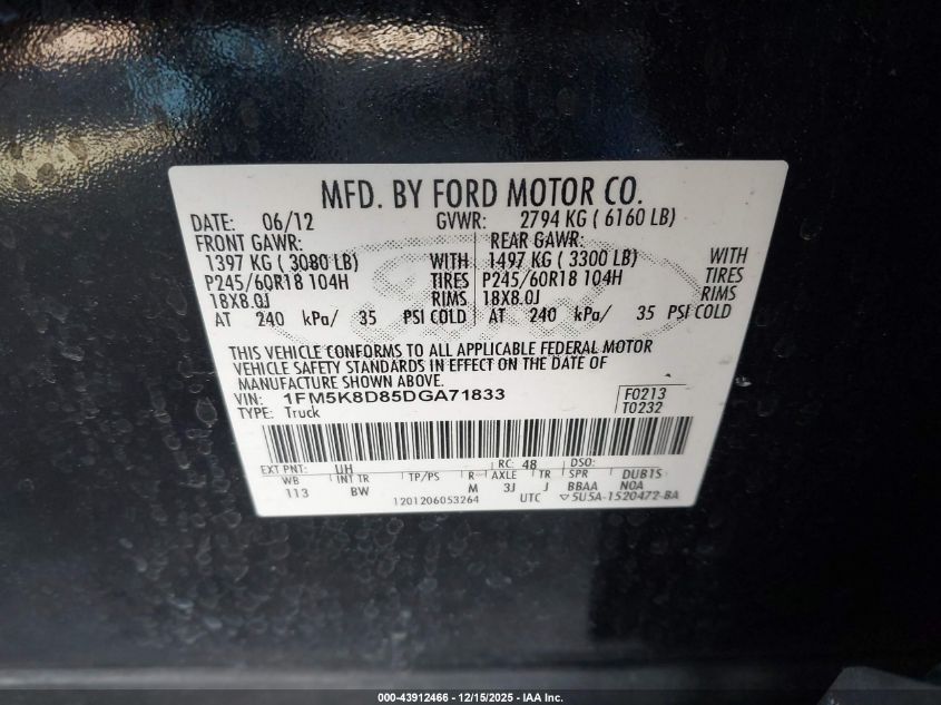 2013 Ford Explorer Xlt VIN: 1FM5K8D85DGA71833 Lot: 43912466