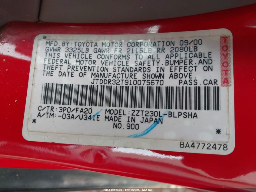 2001 Toyota Celica Gt VIN: JTDDR32T910075670 Lot: 43912470