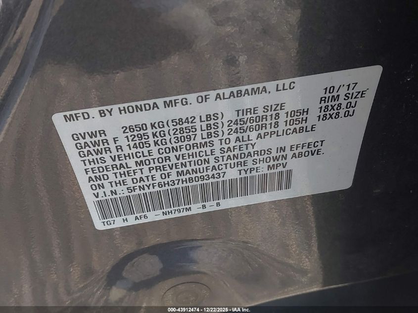 2017 Honda Pilot Ex VIN: 5FNYF6H37HB093437 Lot: 43912474