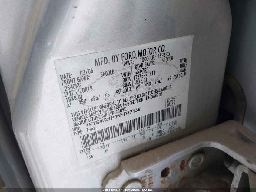 2006 Ford F-250 Lariat/Xl/Xlt VIN: 1FTSW21P96ED32139 Lot: 43912477