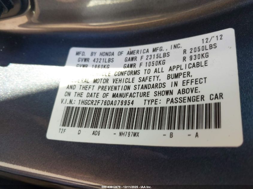2013 Honda Accord Ex VIN: 1HGCR2F76DA079954 Lot: 43912478
