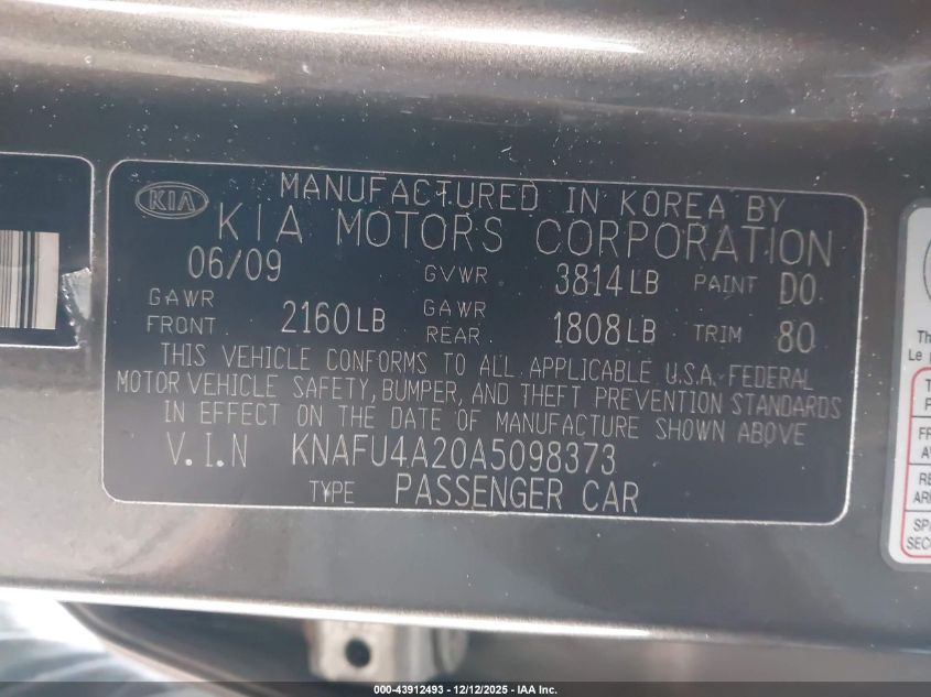 2010 Kia Forte Ex VIN: KNAFU4A20A5098373 Lot: 43912493