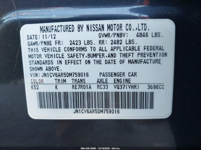 2013 Infiniti G37X VIN: JN1CV6AR5DM759016 Lot: 43912496