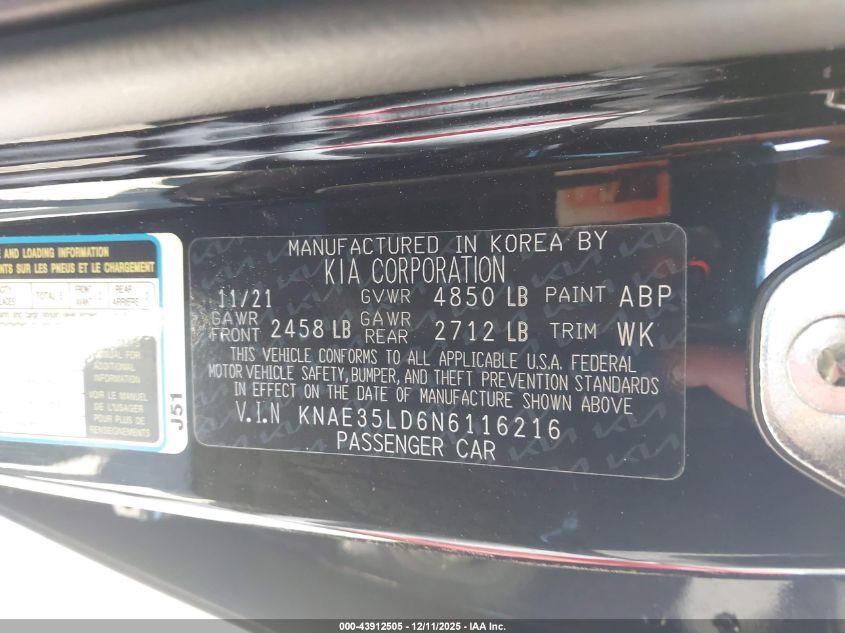 2022 Kia Stinger Gt-Line VIN: KNAE35LD6N6116216 Lot: 43912505