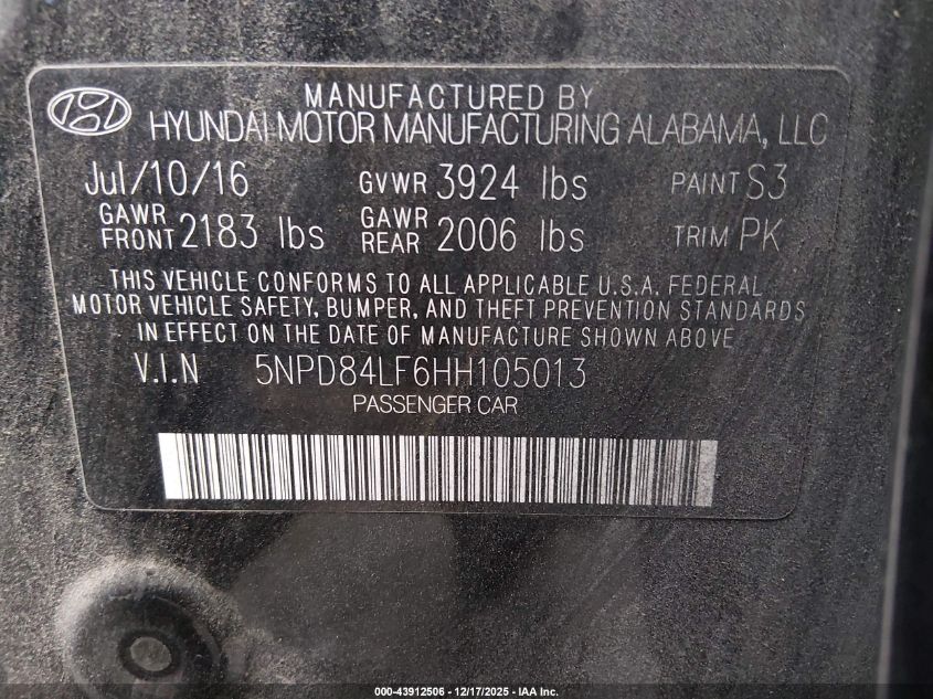 2017 Hyundai Elantra Se VIN: 5NPD84LF6HH105013 Lot: 43912506