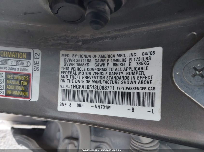 2008 Honda Civic Lx VIN: 1HGFA16518L083711 Lot: 43912507