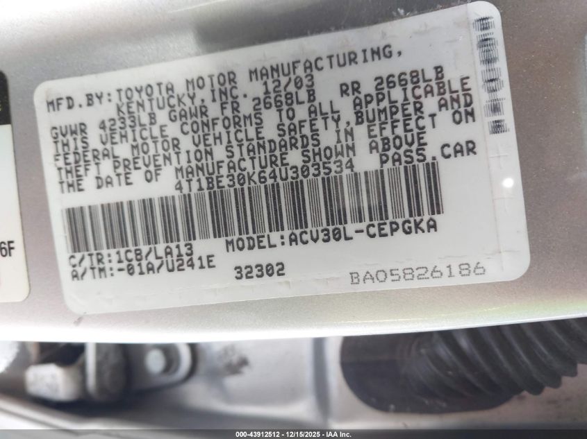 2004 Toyota Camry Xle VIN: 4T1BE30K64U303534 Lot: 43912512