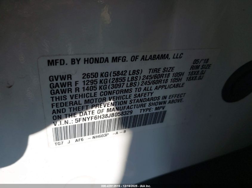 2018 Honda Pilot Ex VIN: 5FNYF6H38JB058329 Lot: 43912515