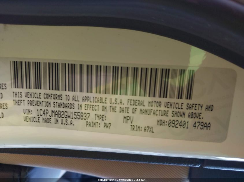 2016 Jeep Cherokee Sport VIN: 1C4PJMAB2GW155837 Lot: 43912518