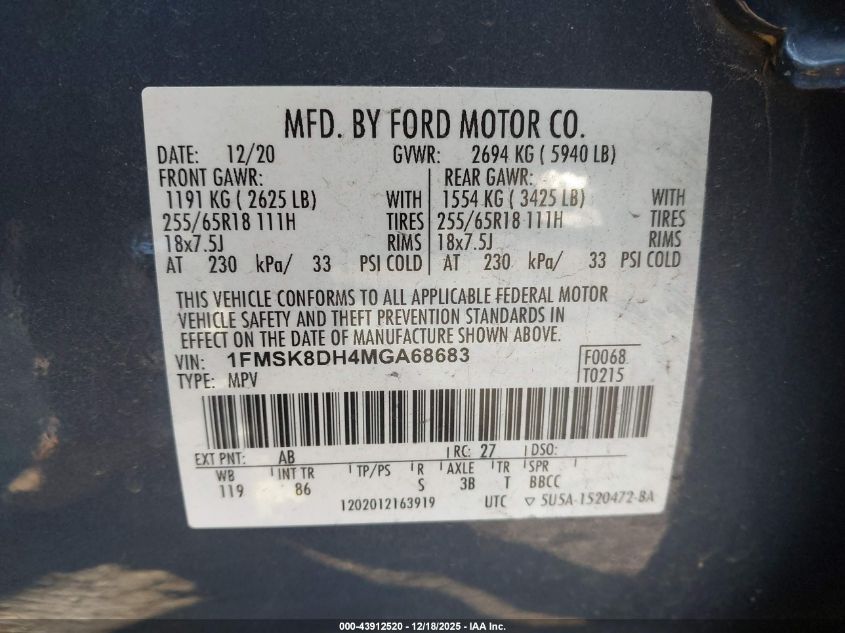 2021 Ford Explorer Xlt VIN: 1FMSK8DH4MGA68683 Lot: 43912520