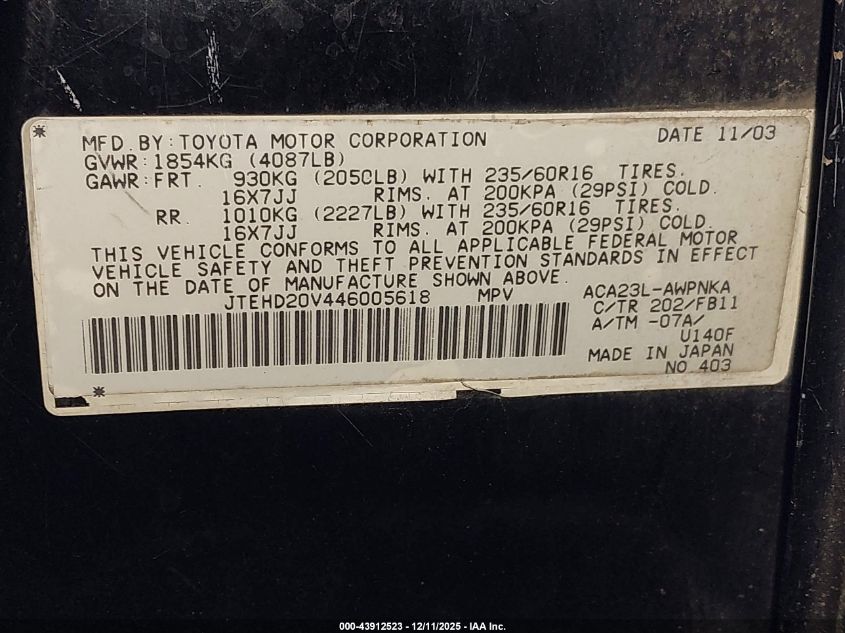 2004 Toyota Rav4 VIN: JTEHD20V446005618 Lot: 43912523