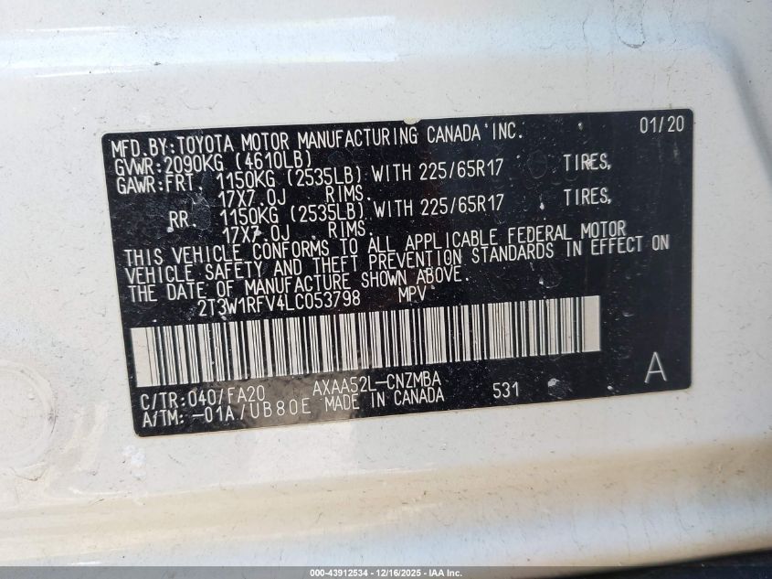 2020 Toyota Rav4 Xle VIN: 2T3W1RFV4LC053798 Lot: 43912534