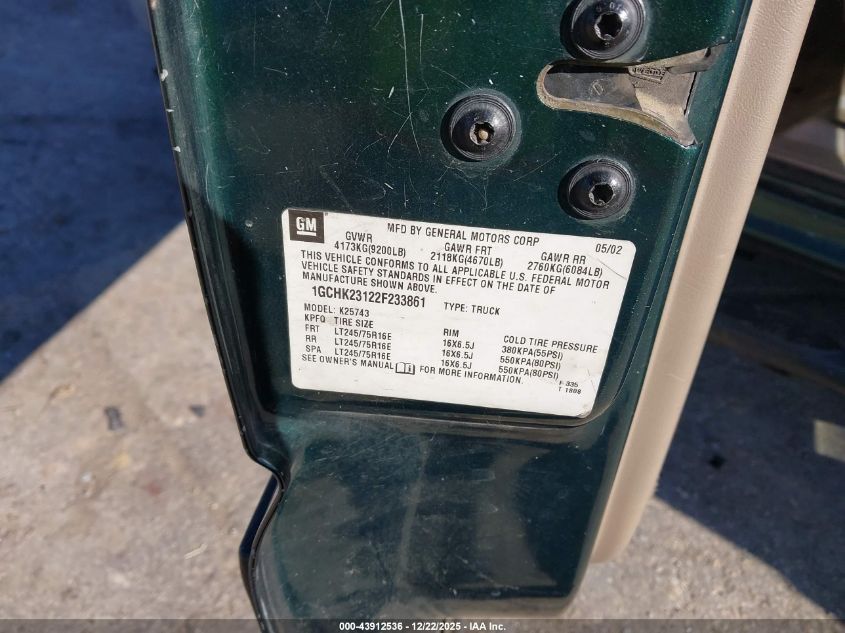 2002 Chevrolet Silverado 2500Hd Lt VIN: 1GCHK23122F233861 Lot: 43912536