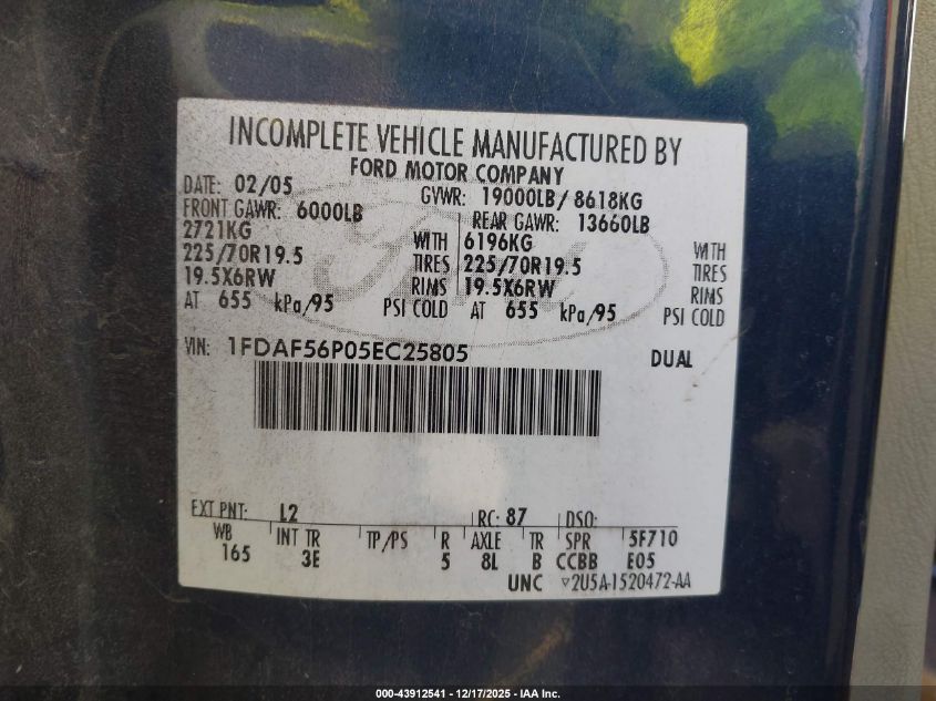 2005 Ford F-550 Xl/Xlt VIN: 1FDAF56P05EC25805 Lot: 43912541