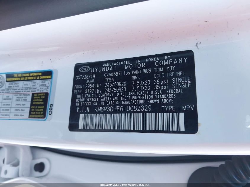 2020 Hyundai Palisade Sel VIN: KM8R3DHE6LU082329 Lot: 43912545