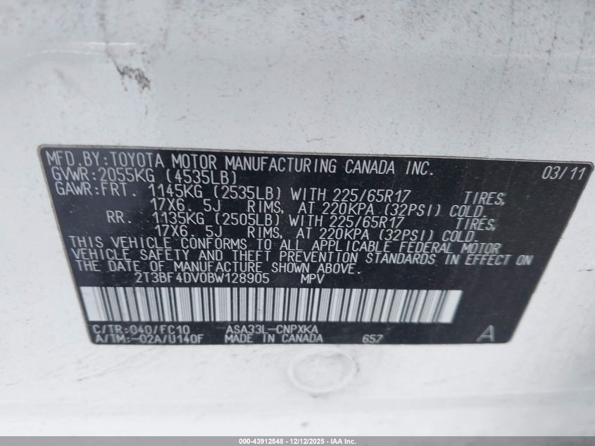 2011 Toyota Rav4 VIN: 2T3BF4DV0BW128905 Lot: 43912548