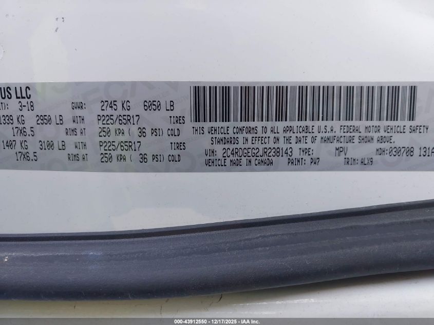 2018 Dodge Grand Caravan Gt VIN: 2C4RDGEG2JR238143 Lot: 43912550