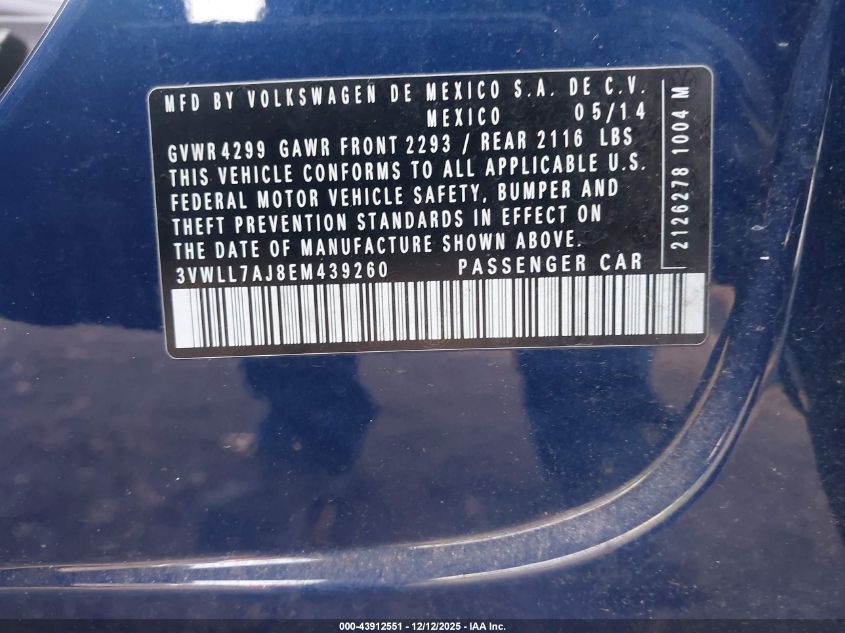 2014 Volkswagen Jetta 2.0L Tdi VIN: 3VWLL7AJ8EM439260 Lot: 43912551