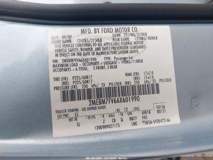 2010 Mercury Grand Marquis Ls (Fleet Only) VIN: 2MEBM7FV6AX601990 Lot: 43912555