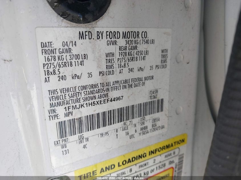 2014 Ford Expedition El Xlt VIN: 1FMJK1H5XEEF44967 Lot: 43912558