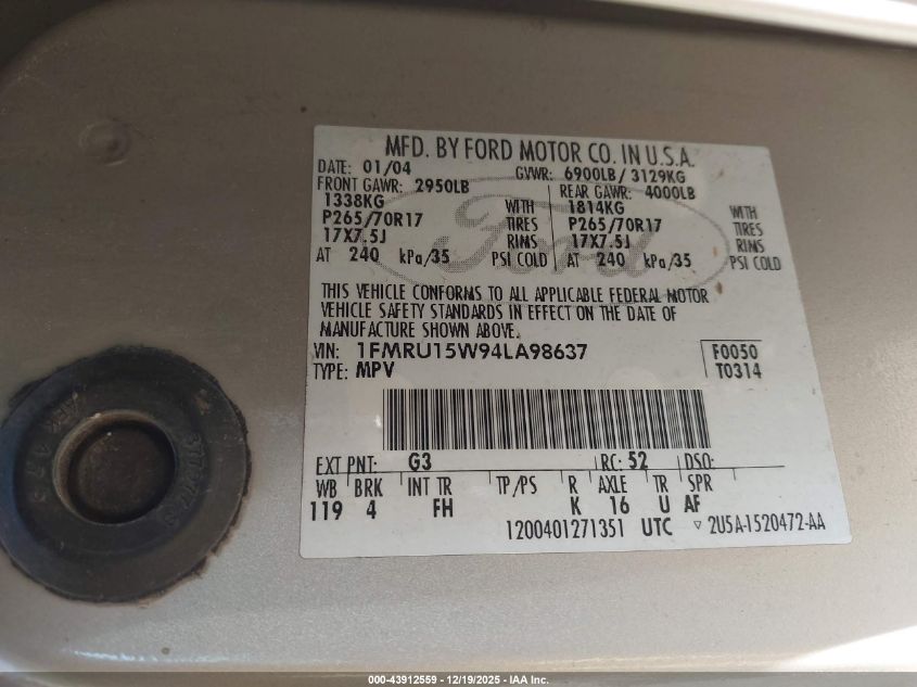 2004 Ford Expedition VIN: 1FMRU15W94LA98637 Lot: 43912559
