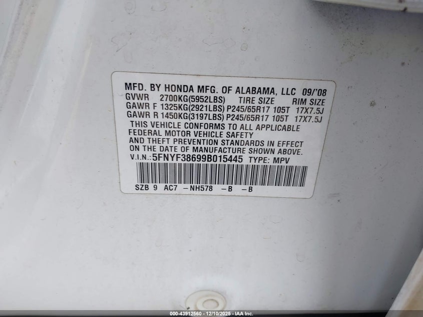 5FNYF38699B015445 2009 HONDA PILOT photo no. 9
