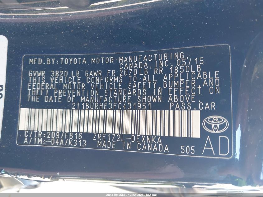 2015 Toyota Corolla Le VIN: 2T1BURHE3FC431951 Lot: 43912563