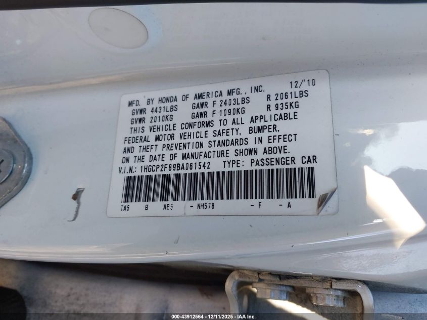 2011 Honda Accord 2.4 Ex-L VIN: 1HGCP2F89BA061542 Lot: 43912564