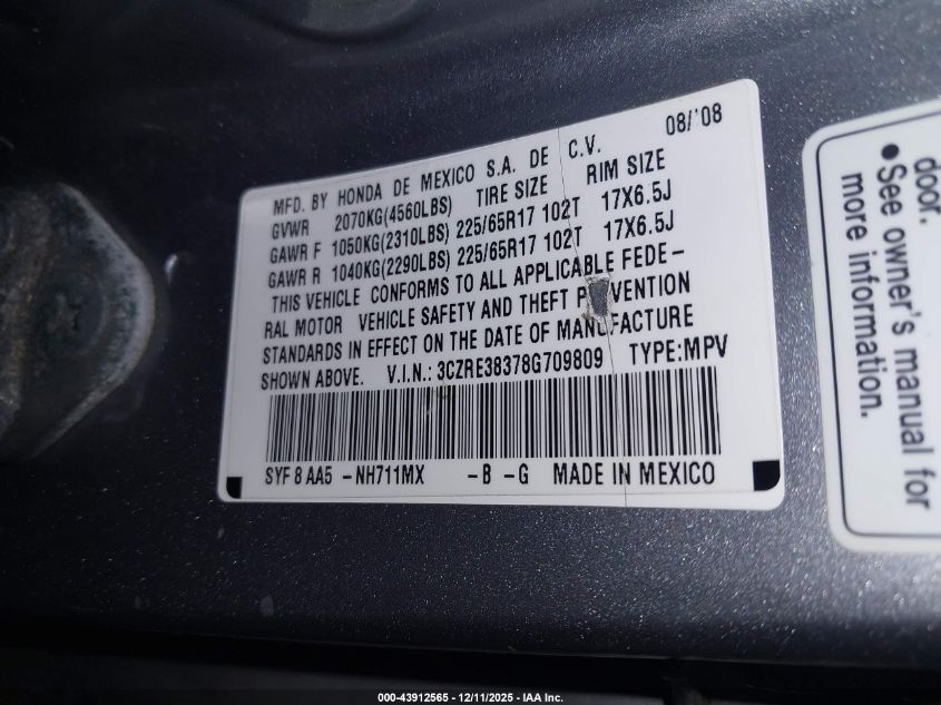 2008 Honda Cr-V Lx VIN: 3CZRE38378G709809 Lot: 43912565