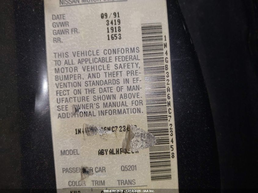 1992 Nissan Sentra Se-R VIN: 1N4GB32A6NC723458 Lot: 43912579