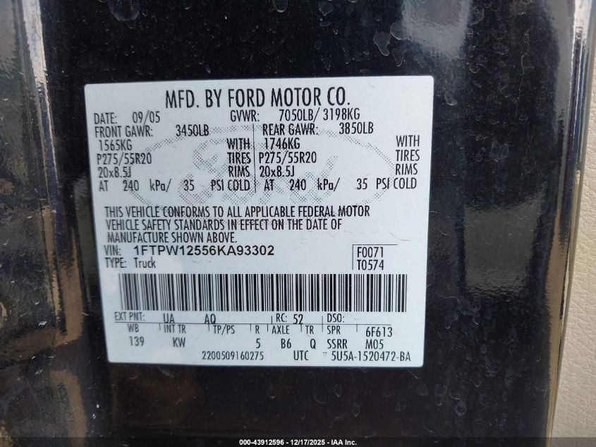 2006 Ford F-150 Lariat/Xlt VIN: 1FTPW12556KA93302 Lot: 43912596