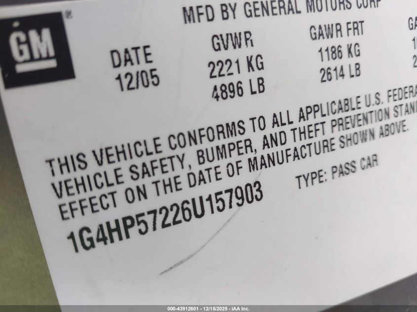 2006 Buick Lucerne Cx VIN: 1G4HP57226U157903 Lot: 43912601