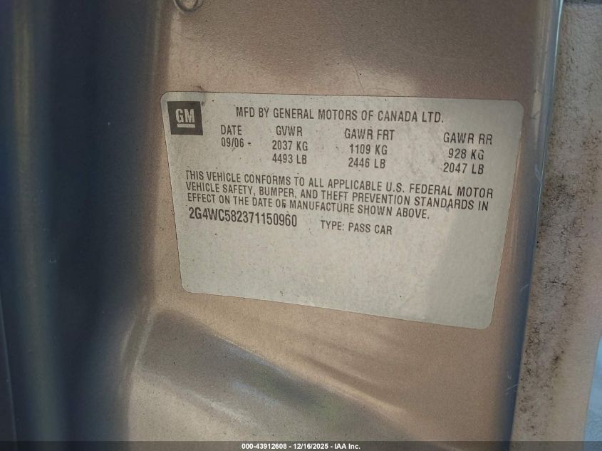 2007 Buick Lacrosse Cx VIN: 2G4WC582371150960 Lot: 43912608