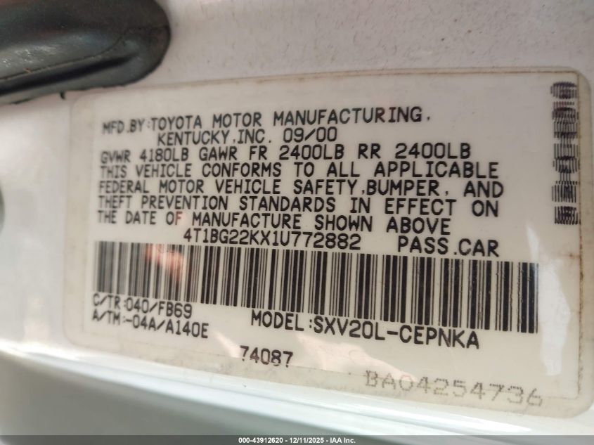 2001 Toyota Camry Le VIN: 4T1BG22KX1U772882 Lot: 43912620