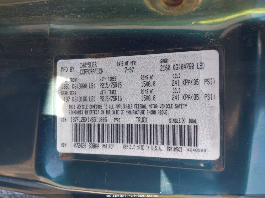 1998 Dodge Dakota Slt/Sport VIN: 1B7FL26X1WS511005 Lot: 43912619