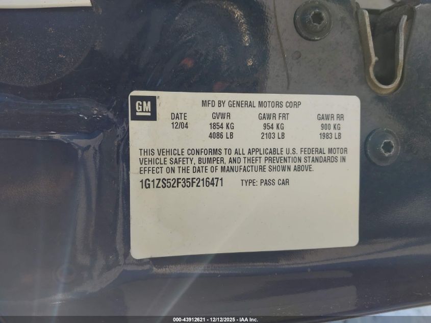 2005 Chevrolet Malibu VIN: 1G1ZS52F35F216471 Lot: 43912621