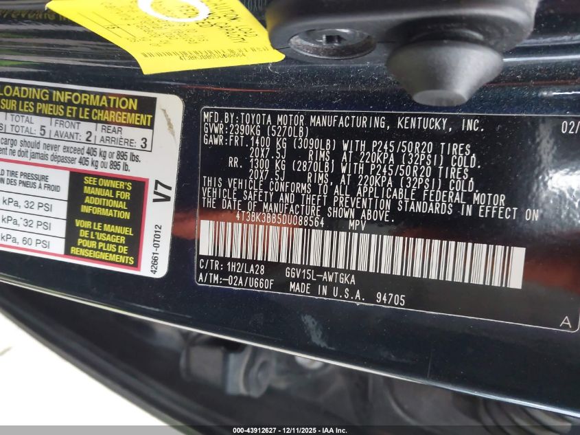 2013 Toyota Venza Limited V6 VIN: 4T3BK3BB5DU088564 Lot: 43912627