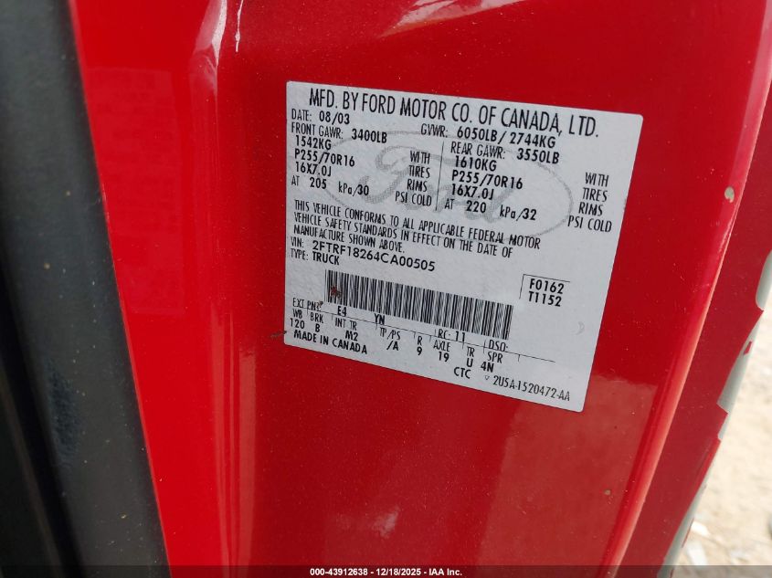 2004 Ford F-150 Heritage Classic VIN: 2FTRF18264CA00505 Lot: 43912638