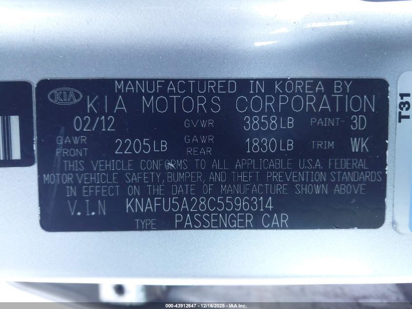 2012 Kia Forte Ex VIN: KNAFU5A28C5596314 Lot: 43912647
