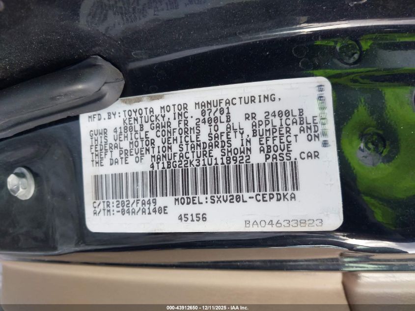 2001 Toyota Camry Ce VIN: 4T1BG22K31U118922 Lot: 43912650