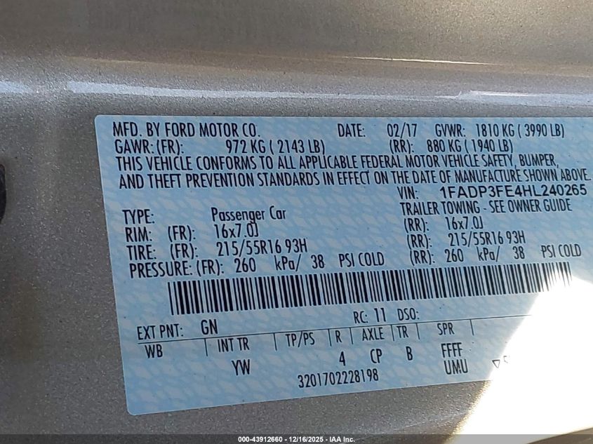 2017 Ford Focus Se VIN: 1FADP3FE4HL240265 Lot: 43912660